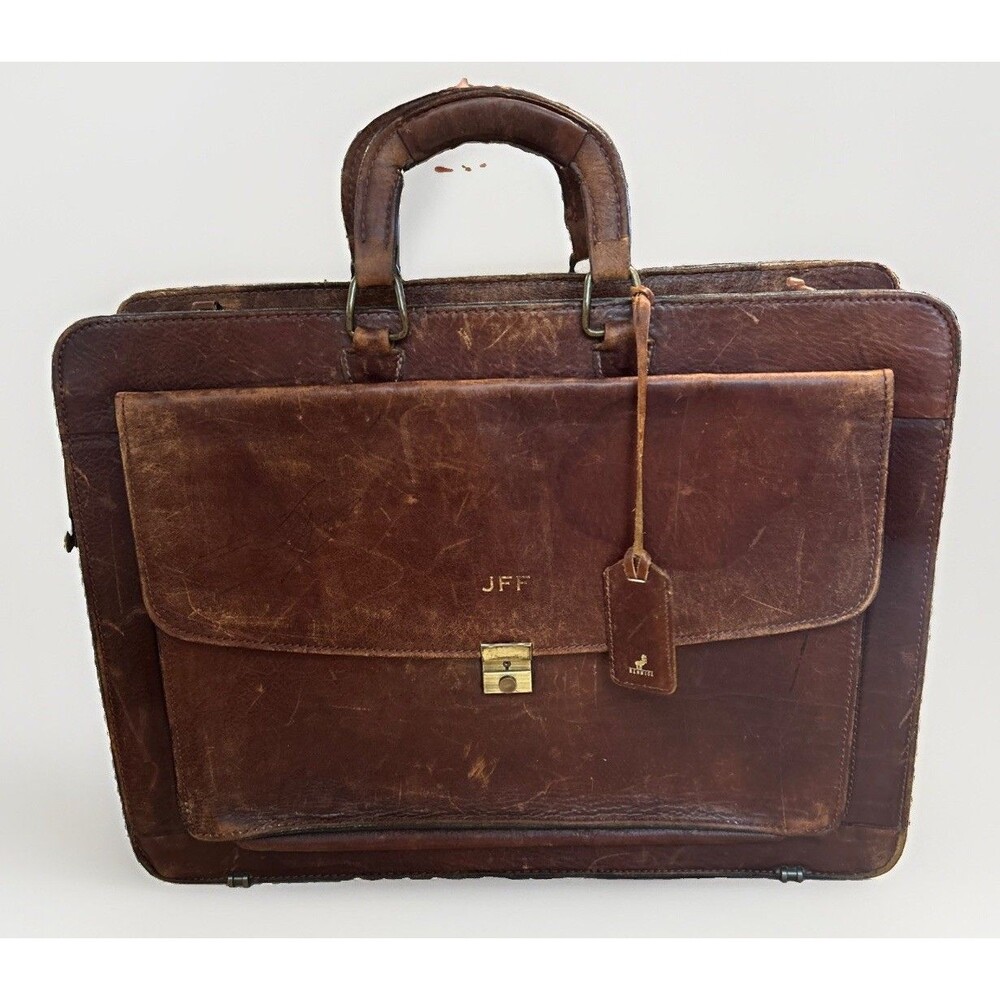 Vtg Renwick Canada Brown Leather Briefcase Attache Locking Flap Key Included